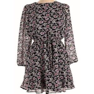 NWT Banana Republic Black Pink Floral Flounce Hem Tie Waist Dress Women Size L